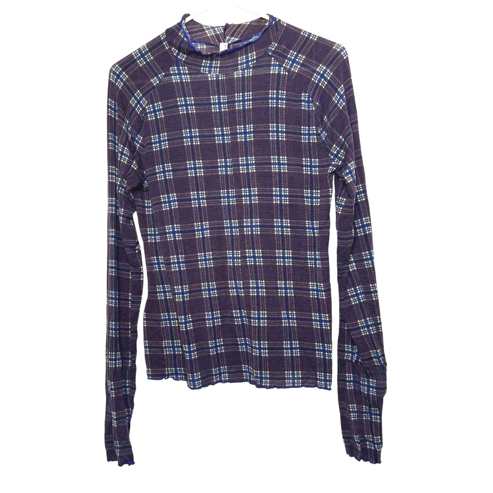 FP Movement Top Womens M Navy Plaid‎ Mock Neck Thumbhole Long Sleeve Gorpcore